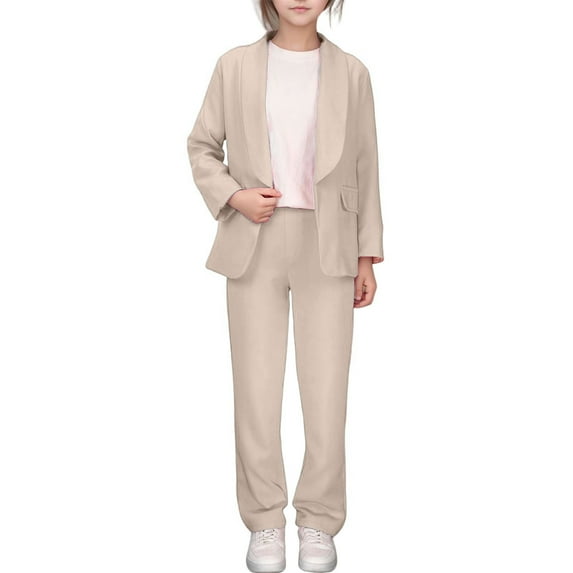 OSOLU Children Girls Outfits Summer Casual Jacket Solid Color Turndown Collar Open Front Long Sleeve Suit and Pants Classic Travel Clothing Sets
