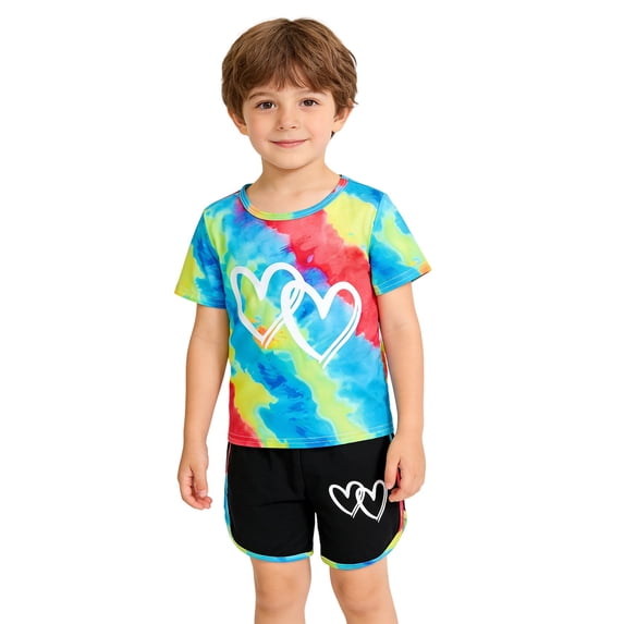 OSOLU Children Girls Outfits Tie Dye Short Sleeve T-Shirts and Color Block Shorts 2 Piece Summer Casual with Love Heart Print Fashion Travel Clothing Sets