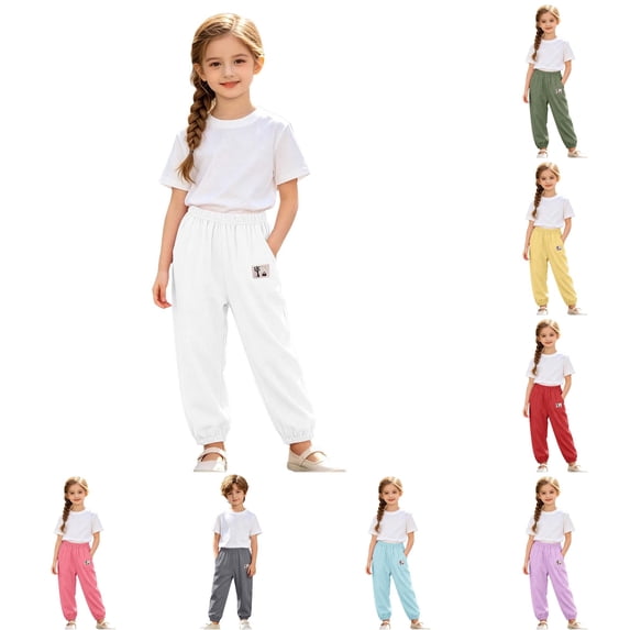 OSOLU Children Girls Pants Solid Color with Pockets Lightweight Summer Soft Breathable Bottom Outdoor Wear Playful Vacation Trousers
