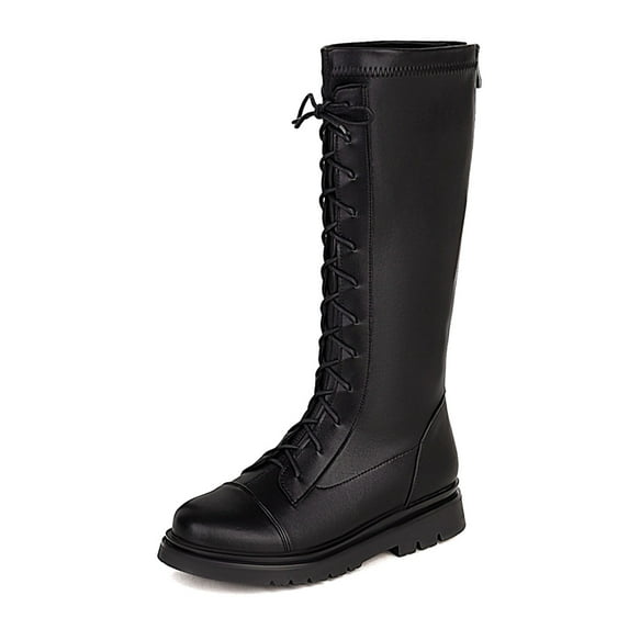 OSOLU Children Girls Punk Boots Lace Up Riding Mid Boots Pu Leather Side Zipper Slip-Resistant Solid Color Daily Wear Leisure Elegant Shoes