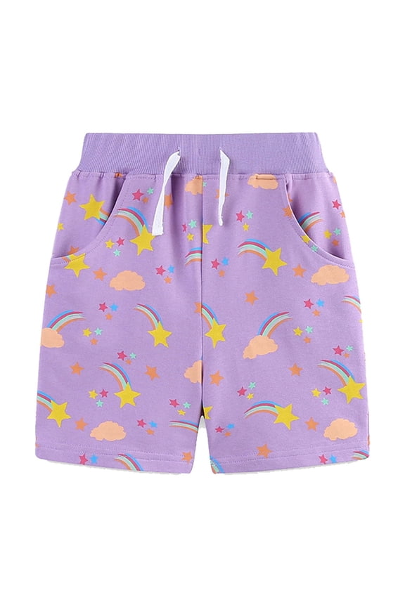 Children Girls Shorts Summer Rainbow Cloud Print with Pockets Drawstring Breathable Everyday Wear Classic Holiday Shorts