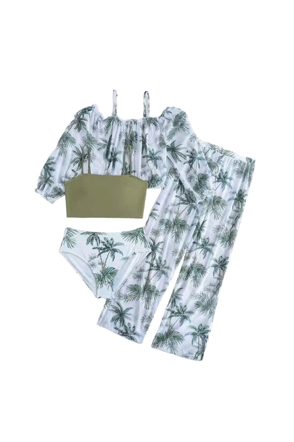 Children Girls Swimsuit Sets 4 Piece Tropical Tree Print Swimsuit and Coverup Pants Bohemian Style Versatile Travel Bathing Suit