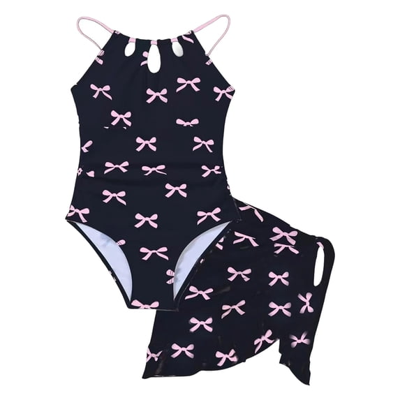 OSOLU Children Girls Swimsuit Sets Bow Print Cute Ruffled with Bowknot Beach Pool Sleeveless Swimwear Surfing Athletic Bathing Suit