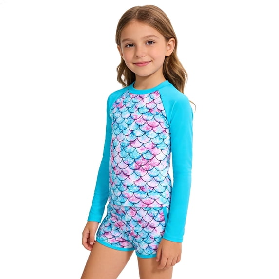 OSOLU Children Girls Swimsuit Sets Long Sleeve Rash Guard and Swim Pants UV Protection Swimwear Scale Print Trendy Vacation Bathing Suit