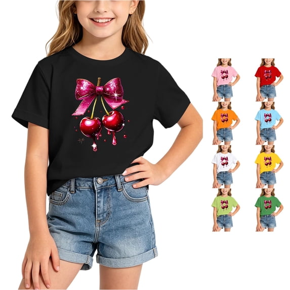 OSOLU Children Girls T-Shirt Short Sleeve Crew Neck Bow Cherry Print Casual Loose Fit Tee Shirts Everyday Wear Family Vacation Tops