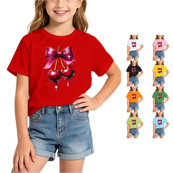 OSOLU Children Girls T-Shirt Short Sleeve Crew Neck Bow Cherry Print Casual Loose Fit Tee Shirts Everyday Wear Fashion Holiday Tops