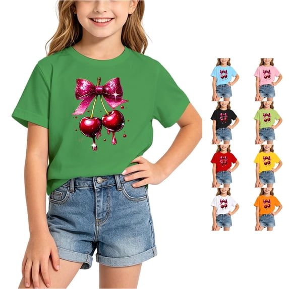 OSOLU Children Girls T-Shirt Short Sleeve Crew Neck Bow Cherry Print Casual Loose Fit Tee Shirts Everyday Wear Vacation Travel Tops