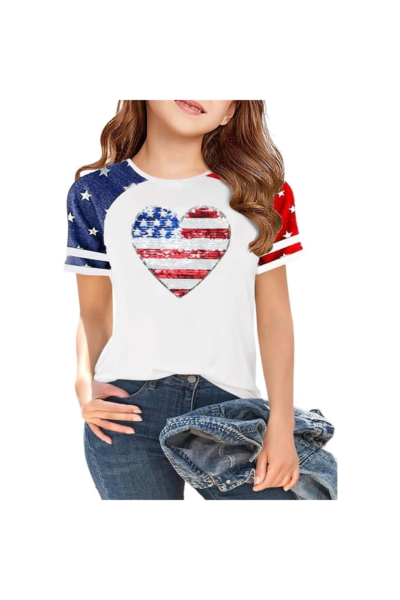 Children Girls T-Shirts Short Sleeve Star Stripes Crew Neck July 4Th Tees Patriotic Independence Day Tees Lightweight Breathable Fashion Holiday Tops