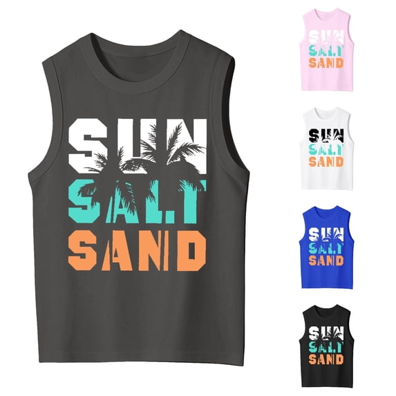 OSOLU Children Girls Tank Tops Crew Neck Coconut Tree Letter Gradient Print Outdoor Play Lightweight Sleeveless Vacation Travel Tops
