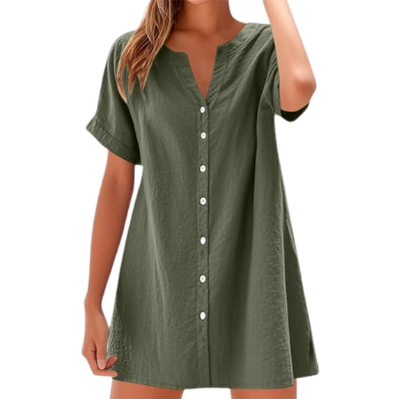 OSOLU Dresses Solid Color Casual Women Dress Short Sleeve Shirt Style With Buttoning For Everyday Wear Spring Summer Season For Relaxing Outings Classic Sundress Flowy Vacation Dress