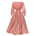 thumbnail image 1 of OSOLU Dresses Solid Color Design: Pleated Skirt Pressed Pleats Waist Thin Temperament Light Mature Style Women Spring Elegant Dress Long Style Classic Sundress Flowy Vacation Dress, 1 of 7