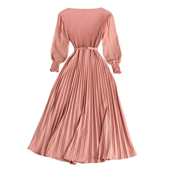 OSOLU Dresses Solid Color Design: Pleated Skirt Pressed Pleats Waist Thin Temperament Light Mature Style Women Spring Elegant Dress Long Style Classic Sundress Flowy Vacation Dress
