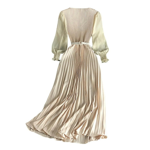 OSOLU Dresses Solid Color Design: Pleated Skirt Pressed Pleats Waist Thin Temperament Light Mature Style Women Spring Elegant Dress Long Style Holiday Hawaiian Flowy Sundress