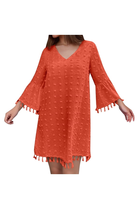 Dresses Solid Color Hot Women Summer Short Sleeve V-Neck Mini Dress Chiffon Polka Dot Flowy Mini Dress Classic Sundress Flowy Vacation Dress