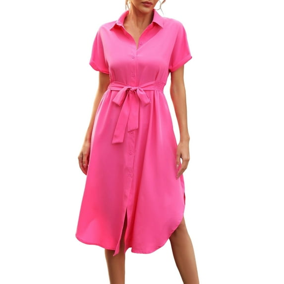 OSOLU Dresses Solid Color Shirt Dress Women Roll Sleeve Short Sleeve Belt Mid Skirt Women Summer Women Clothing Classic Sundress Flowy Vacation Dress