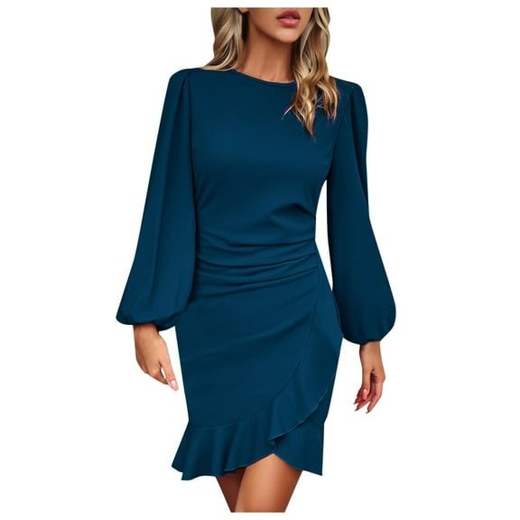 OSOLU Dresses Solid Color Women Bodycon Sexy Long Sleeve Puff Dress Elegant Bubble Sleeve Midi Dress Holiday Hawaiian Flowy Sundress