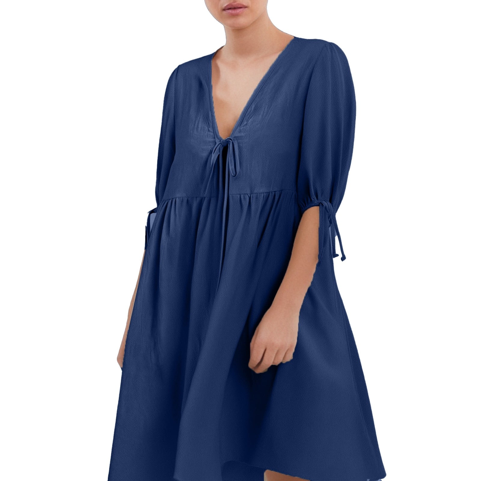OSOLU Dresses Solid Color Women Casual A-Line V-Neck Dress With Front ...