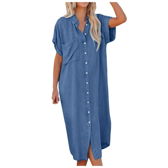 OSOLU Dresses Solid Color Women Casual Button Down Denim Midi Shirt Dress Side Slit Short Sleeve Jean Dress With Pocket Lovely Sundress Wedding Guest Dress
