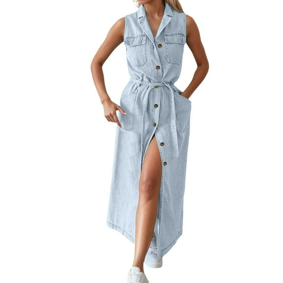 OSOLU Dresses Solid Color Women Casual Denim Dress Sleeveless Button Down Maxi Dress With Adjustable Belt For Beach Vacation Spring Summer Breathable Hawaiian Flowy Sundress