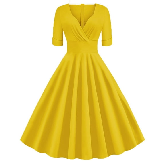OSOLU Dresses Solid Color Women Casual Lapel Short Sleeve 1950s Evening Party Prom Dress Lovely Sundress Wedding Guest Dress