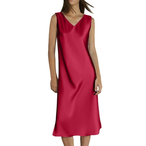 OSOLU Dresses Solid Color Women Elegant Casual Dress V-Neck A-Line Sleeveless Midi Dress With Satin Trim For Daily Wear Party Events Cozy Sundress Wedding Guest Dress