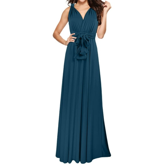 OSOLU Dresses Solid Color Women Elegant Long V-Neck Evening Dress Convertible Wrap Way Bridesmaid Gown For Wedding Guest Party Casual Wear Trendy Sundress Wedding Guest Dress