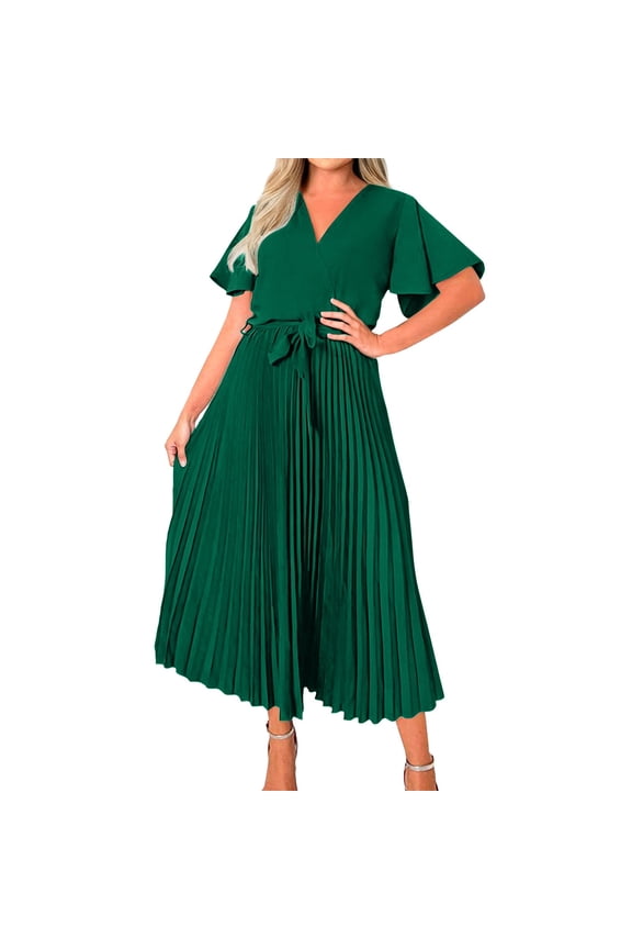 Dresses Solid Color Women Elegant Wrap V-Neck Sleeve Bulted Pleated Flowy Maxi Long Dress Relaxed Fit Sundress Wedding Guest Dress