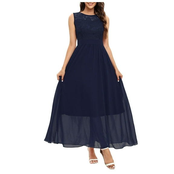 OSOLU Dresses Solid Color Women Lace Dress Elegant Length Sleeveless Chiffon Dress Bridesmaid Party Dress Cozy Sundress Wedding Guest Dress
