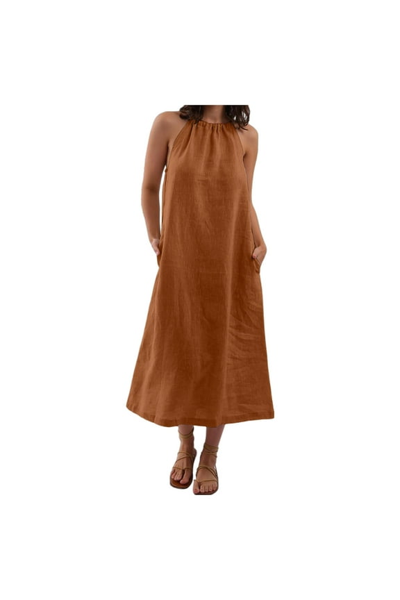 Dresses Solid Color Women Linen Sleeveless Extra Long Back Lace Up Linen Sleeveless Extra Long Dress Breathable Hawaiian Flowy Sundress