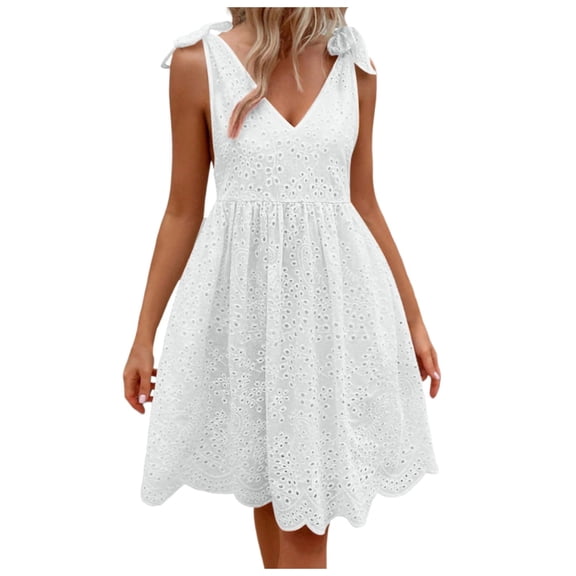 OSOLU Dresses Solid Color Women Mid-Length Dress Lace Jacquard Hollow Out Slim V-Neck Large Dress Classic Sundress Flowy Vacation Dress