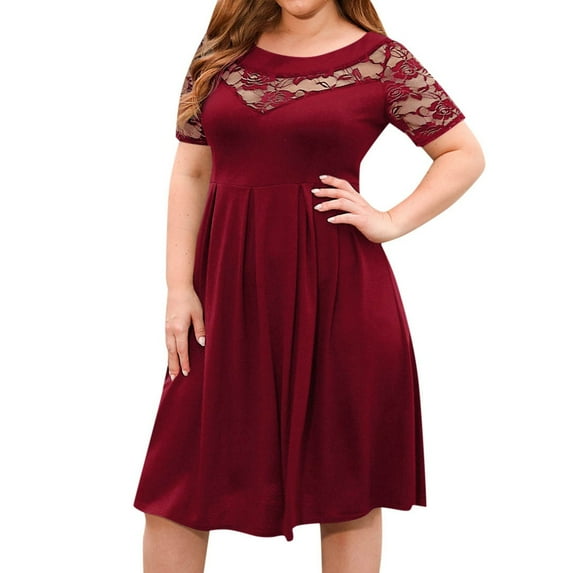 OSOLU Dresses Solid Color Women Plus Size Short Sleeve Lace Midi Dress Pleated Casual Summer Flowy Dress With Pockets Trendy Sundress Wedding Guest Dress