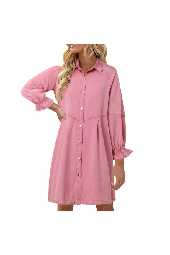 Dresses Solid Color Women Short Sleeve Button Down Flowy Tiered Denim Dress Lovely Sundress Wedding Guest Dress