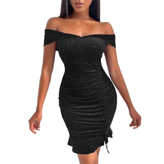OSOLU Dresses Solid Color Women Off Shoulder Bodycon Dress Shiny Long Sleeve Ruffles Elegant Party Dinner Mini Dress Cozy Sundress Wedding Guest Dress