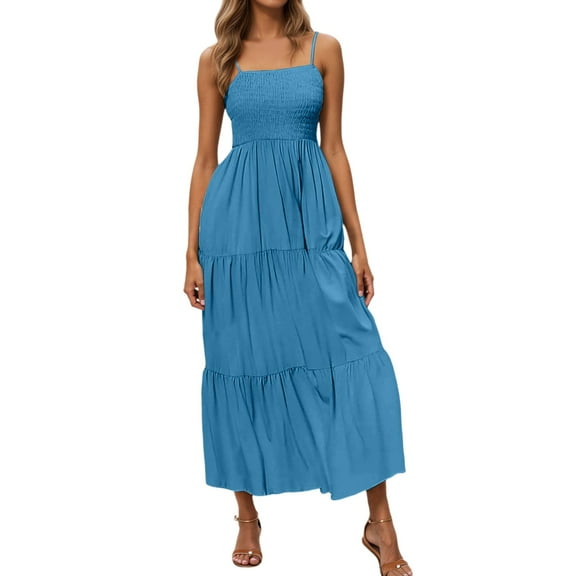 OSOLU Dresses Solid Color Women Summer Boho Maxi Dress Casual Sleeveless Spaghetti Strap Tiered Flowy Beach Wedding Guest Party With Ruffled Hem Cozy Sundress Wedding Guest Dress