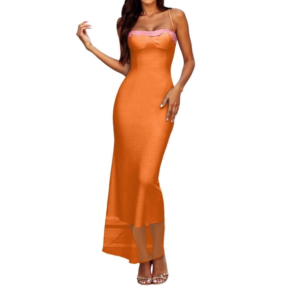 OSOLU Dresses Solid Color Women Summer Spaghetti Straps Floral Maxi Dress Bodycon Party Wedding Guest Dress Trendy Sundress Wedding Guest Dress