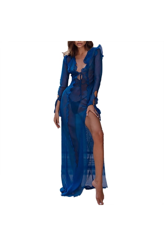 Dresses Solid Color Women Transparent Beautiful Side Tie V-Neck Slit Summer Dress Lovely Sundress Wedding Guest Dress