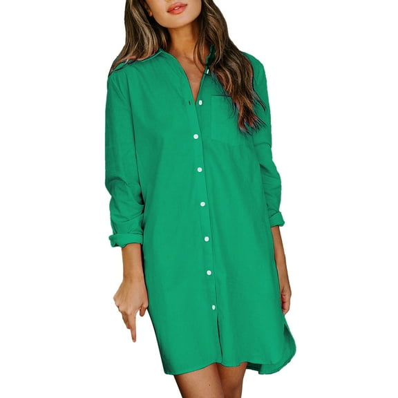 OSOLU Dresses Women Casual Solid Color Dress Long Sleeve Turtleneck Pocket Dress Shirt Blouse Split Hem Casual Loose Dress Holiday Hawaiian Flowy Sundress