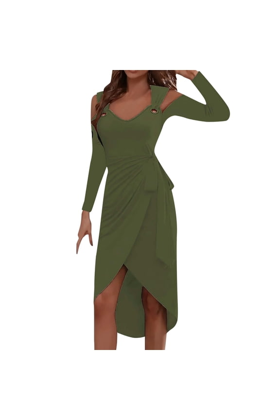 Dresses Women Casual Solid Color V-Necktie Bow Metal Buckle Irregularly Hem Long Sleeve Dress Trendy Sundress Wedding Guest Dress