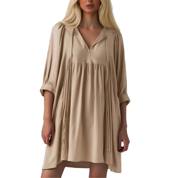 OSOLU Dresses Women Casual Tie Front 3/4 Sleeve Flowy Loose Solid Color Vacation Mini Dress Breathable Hawaiian Flowy Sundress
