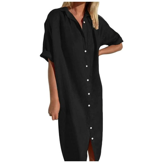 OSOLU Dresses Women Fashion Solid Color Elegant Casual Loose Short Sleeve Button Skirt Long Pocket Shirt Dress Holiday Hawaiian Flowy Sundress