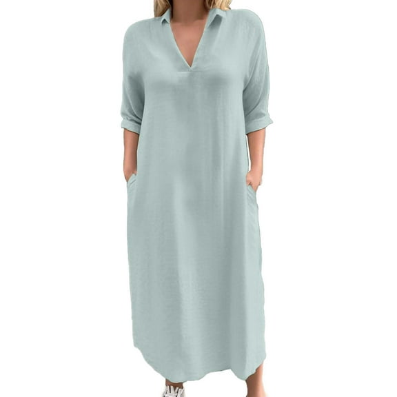 OSOLU Dresses Women Solid Color Dress V-Neck Pocket Long Sleeve Full Length Dress Cozy Sundress Wedding Guest Dress