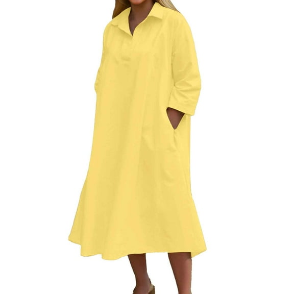 OSOLU Dresses Women Solid Color Elegant Lapel Casual 3/4 Sleeve Dress Trendy Sundress Wedding Guest Dress