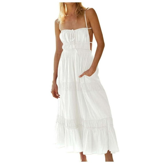 OSOLU Dresses Women Summer Spaghetti Strap Sleeveless Backless Solid Color Maxi Swing Dress Lovely Sundress Wedding Guest Dress