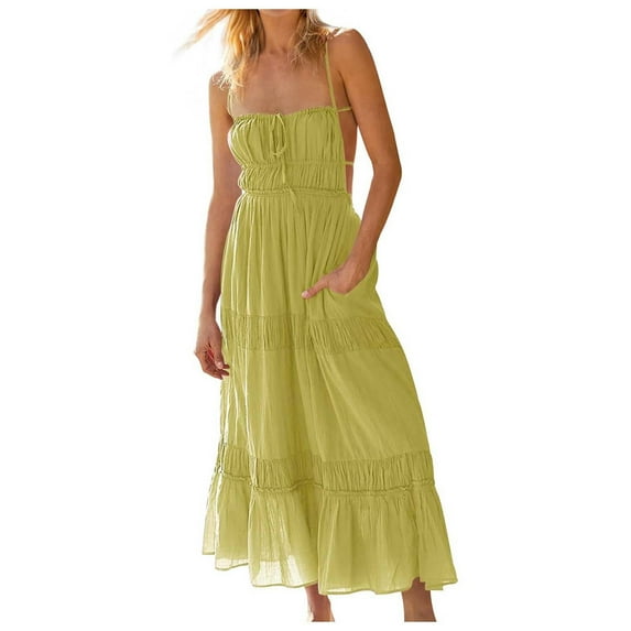 OSOLU Dresses Women Summer Spaghetti Strap Sleeveless Backless Solid Color Maxi Swing Dress Trendy Sundress Wedding Guest Dress