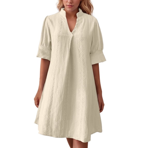 OSOLU Dresses Women V-Neck Half Sleeve Solid Color Pleated Dress Breathable Hawaiian Flowy Sundress