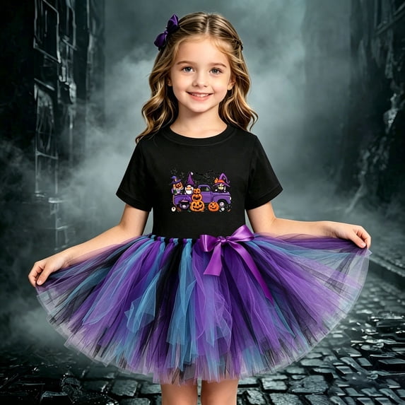 OSOLU Girls 2 Piece Halloween Outfit Truck Pumpkin Graphic Short Sleeve Top Colorful Bow Tulle Skirt Set Purple