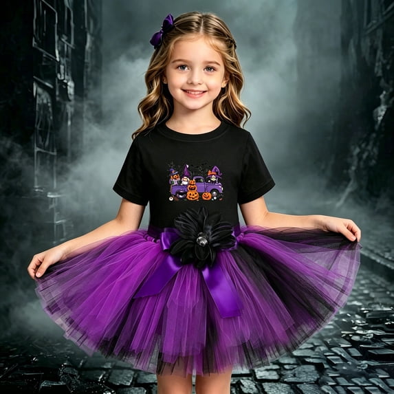 OSOLU Girls 2 Piece Halloween Outfit Truck Pumpkin Graphic Short Sleeve Top Flower Bow Tulle Tutu Skirt Set Purple