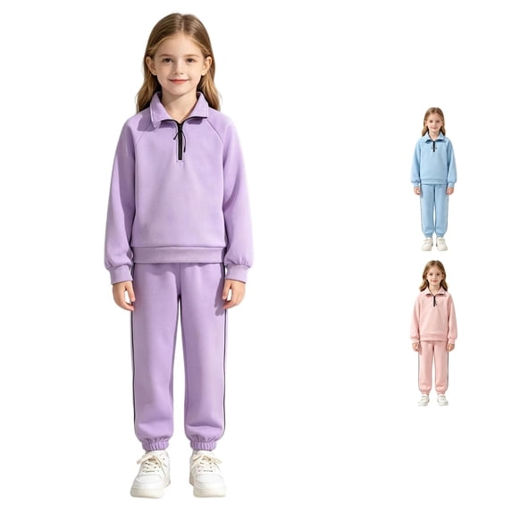 OSOLU Girls 2 Piece Outfit Solid Color Half Zip Lapel Sweatshirt Jogger Pants Casual Tracksuit Purple