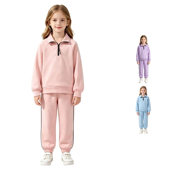 OSOLU Girls 2 Piece Outfit Solid Color Half Zip Lapel Sweatshirt Jogger Pants Casual Tracksuit Red