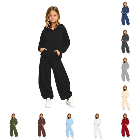 OSOLU Girls 2 Piece Set Solid Color Front Pocket Hoodie and Drawstring Wide Leg Pants Daily Outfit Black